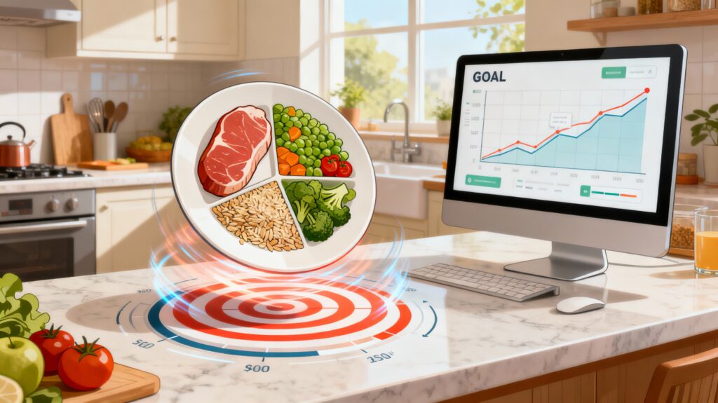 symbolic image of our weightloss calculator, showing a perfectly balanced meal on a plate, hovering over a kitchen counter, next to a computer display showing a graph that indicates that the goal is in reach.